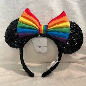 Rainbow Bow Minnie Mouse Ears Black Sequin Ears Disney Ear Handband New!